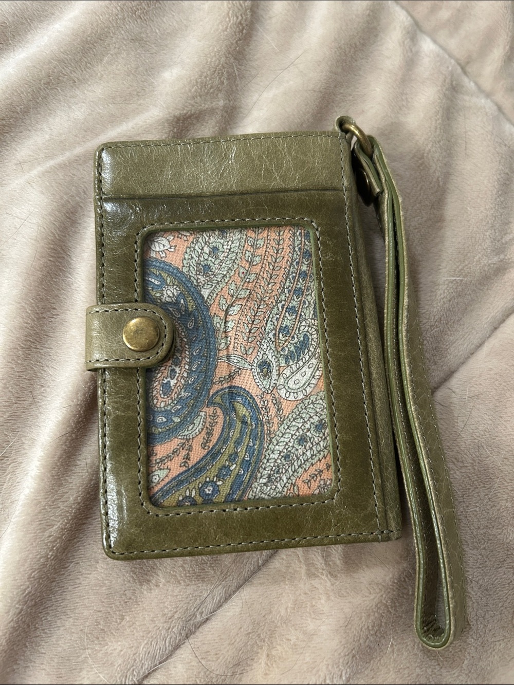 HOBO Olive Green Wristlet Phone & ID Card Holder with Paisley Insert